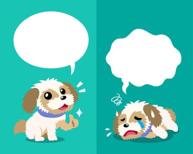 Vektör çizgi film karakteri shih tzu köpek tasarım için konuşma baloncuklarıyla farklı duygular ifade ediyor.