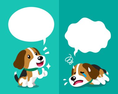 Vektör çizgi film karakteri beagle köpek tasarım için konuşma baloncuklarıyla farklı duyguları ifade ediyor.
