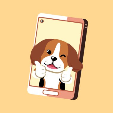 Tasarım için vektör çizgi film karakteri av köpeği ve akıllı telefon.