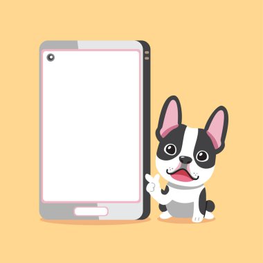 Çizgi film karakteri dizayn için Boston Terrier köpeği ve akıllı telefon..