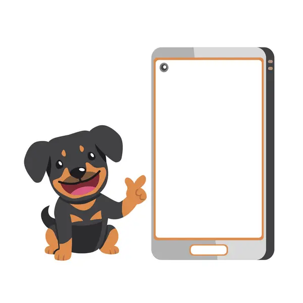 Cartoon Χαρακτήρα Χαριτωμένο Σκυλί Rottweiler Και Smartphone Για Σχεδιασμό Εικονογράφηση Αρχείου