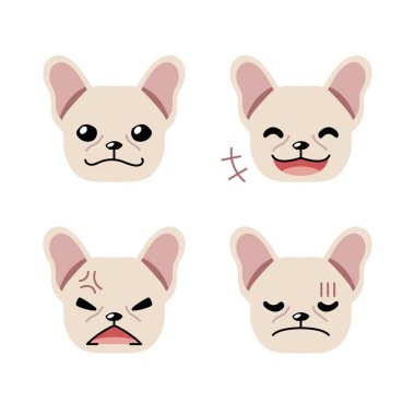 Tasarım için farklı duygular gösteren sevimli Fransız buldog yüzleri..