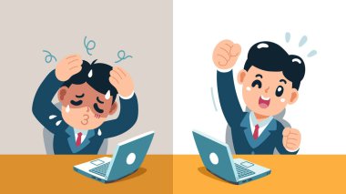 Çizgi film işadamı tasarım için farklı duygular ifade ediyor.