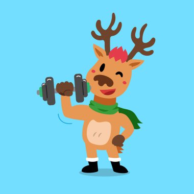 Vektör karikatür Noel ren geyiği karakteri tasarım için halter ağırlık çalışması yapıyor.