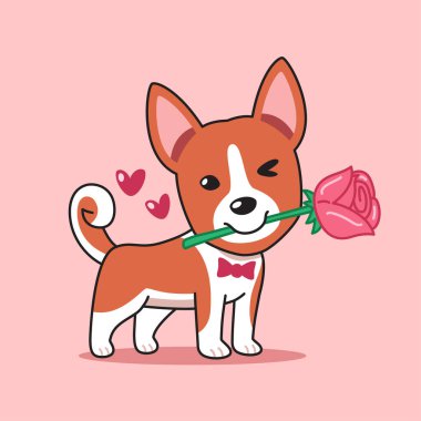 Cartoon vector character basenji dog with rose in mouth for valentine's day work. clipart