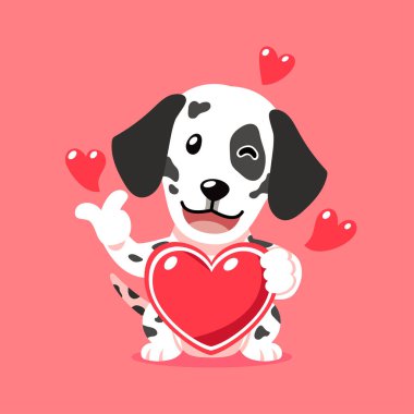 Vektör karikatür sevgili tatlı dalmaçyalı köpek tasarım için büyük kırmızı bir kalp tutuyor..