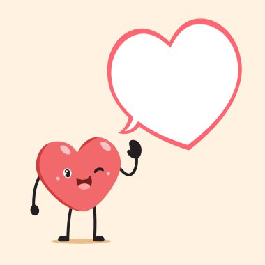 Vector cartoon cute heart character with speech bubble for design.