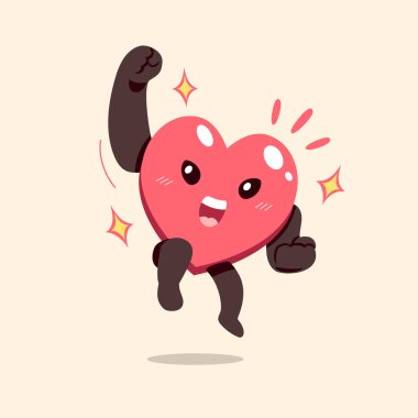 Neşeli bir kalp karakterinin vektör çizimi. Gülen yüzlü, yumruklarını kaldırmış ve enerjik duruşu olan sevimli bir karikatür kalbi var..