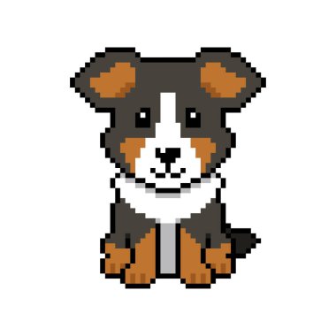 Hoş pikselli sanat köpeği beyaz arka planda izole edilmiş 8bit tarzında oturan bir karakter.