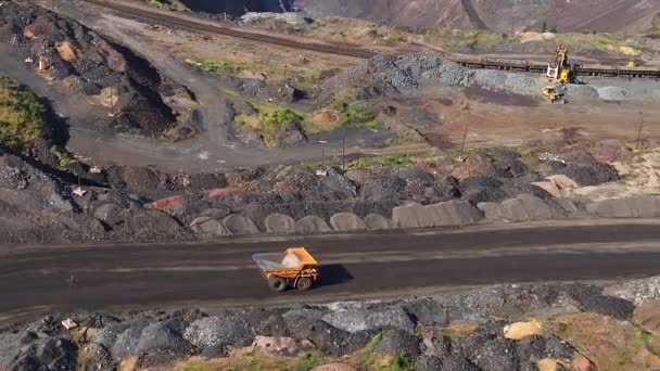 Huge Yellow Mining Dump Truck Working Iron Ore Quarry Industry — Stock Video