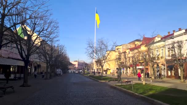 Mukachevo Ukrayna Aralık 2022 Mukachevo Daki Merkez Yaya Sokağı Bayrak — Stok video