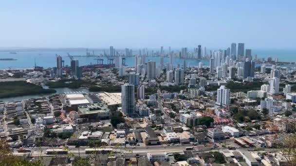 Yachts Modern Skyscrapers Cartagena Colombia Panorama City Traffic — Video Stock