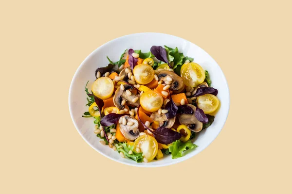 色彩斑斓的夏天健康的维生素新鲜沙拉食物在盘子里隔离的背景下 — 图库照片