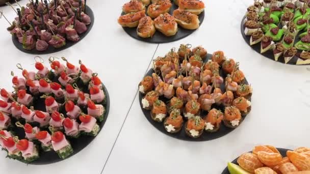 Forskellige Lette Snacks Til Ferien Catering Tallerken Sortiment Sandwiches Buffeten – Stock-video
