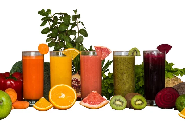 Diferentes Jugos Frescos Coloridos Verduras Frutas Dieta Desintoxicación Marco Presentación — Foto de Stock