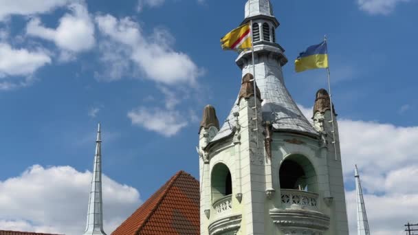 Ukraina Mukaczewo Maj 2023 Widok Zewnątrz Ratusza Ukraińskimi Miejskimi Flagami — Wideo stockowe