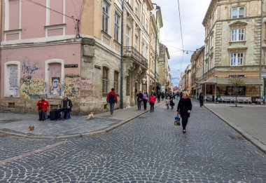 Lviv, Ukrayna - Mayıs 2023: Şehirde akordeon ve keman çalan iki yaşlı sokak müzisyeni Lviv 'in merkezinde açık havada çalıyorlar. Yaşlıların sokak müzisyenleri düeti. Yüksek kalite 4k görüntü