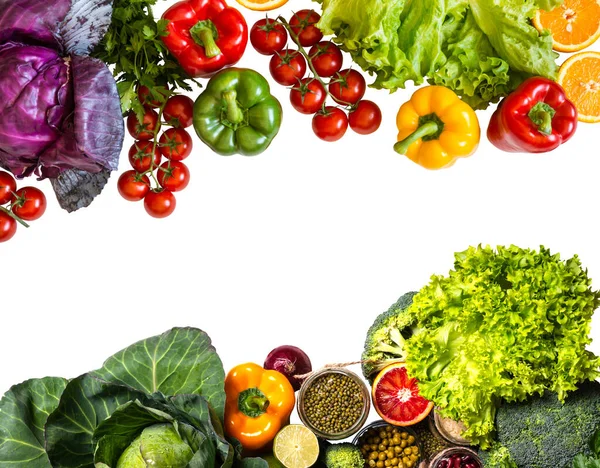 stock image Organic colorful vegetables on isolated background copy space flat lay presentation frame.