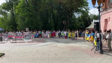 Vinnytsia, Ukraine - 09 Julyl 2023: A rally of residents on the central pedestrian street. People ask the government to quickly release Azov fighters from captivity in the Russian-Ukrainian war.