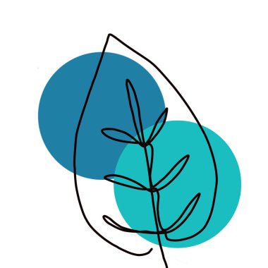 Zarif yeşil bir yaprak, tek bir akış çizgisinde çizilmiş, boş bir tuval üzerinde dans ediyor. Mükemmel aralıklarla birbirine uyumlu iki mavi daire, yaprağı kucaklıyor, doğanın basitliğinin uyumlu bir dansını yaratıyor..