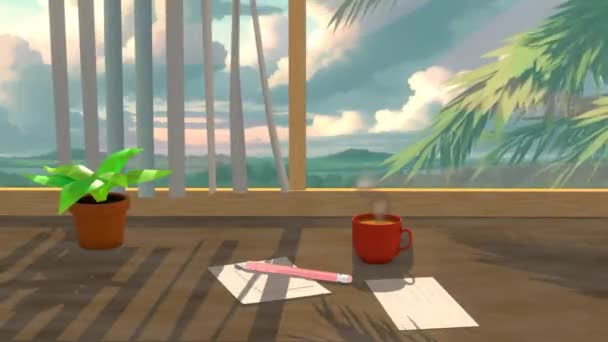 Таблиця Вивчення Аніме Видом Природу Вікна Lofi Loop Animation — стокове відео