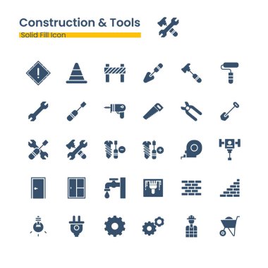 inşaat ve araçlar katı doldurma simgesi kümesi vektörü