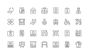 Doktor hastane ve tıbbi bakım. Taslak Simgeleri koleksiyonu.