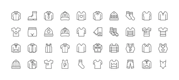 stock vector Clothing line icon set. Dress, polo t-shirt, jeans, winter coat, jacket pants, winter hat, skirt minimal vector illustrations. Simple outline signs for fashion application.