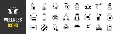 Sağlık ikonu seti. Masaj, yoga, spa, rahatlama, sağlık, egzersiz, diyet, refah, aromaterapi ve daha fazlasını içeriyor. Solid simge koleksiyonu. 