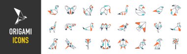 Origami Katlanmış Kağıt Hayvanlar Şekilleri. Kuş, Turna, Kedi, Köpek, Gergedan, Tilki, Fare, Fil. Düz Simge Resimlendirme Koleksiyonu
