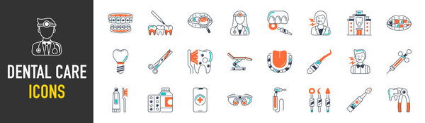Dental care clinic elements - thin web icon set. Icons collection. Simple vector illustration.