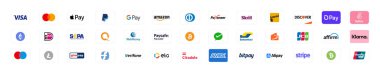 Çevrimiçi ödeme yöntemleri belirlendi, kart şirketi logosu: Visa, Mastercard, Paypal, Bitcoin, Amazon Pay, Apple Pay ve daha fazlası. E-ticaret ödemeleri. Editör vektörü.