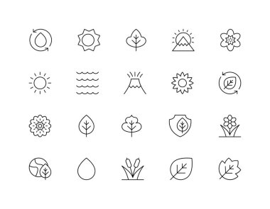 Doğa çizgisel ikon kümesi vektörü. Yaprak, güneş, hava, çiçek