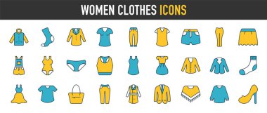 Kadın kıyafetleri ve aksesuar ikonları koleksiyonu. Moda dolabı - vektör simgesi çizimi