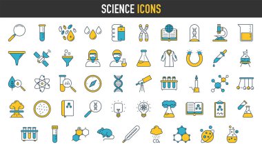 Bilim simgesi seti. Biyoloji, laboratuvar, deney, bilim adamı, araştırma, fizik, kimya ve daha birçok ikon gibi. Eğitim sembolü. Bilimsel aktivite Vektörü illüstrasyonu.