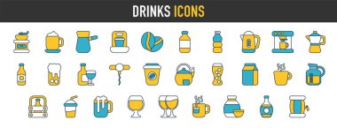 İçki web simgeleri. Açılış konuşması, son söz içeceği, nar martini, mai thai, margarita, su testisi, şarap tostu gibi ikonlar. Vektör simgesi illüstrasyonu.