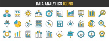 Veri analiz simgesi ayarlandı. Veritabanı, istatistik, kâr grafiği, analitik, sunucu, optimizasyon, izleme, bilgisayar ve ağ simgeleri gibi. Solid simge vektör koleksiyonu