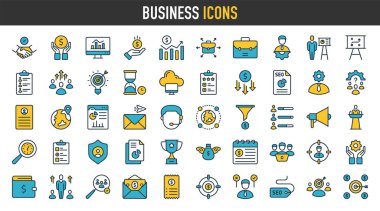 İş ikonları. İş ve Finans web simgeleri. Para, banka, iletişim, takım çalışması, insan kaynakları, toplantı, ortaklık, başarı, toplantı, çalışma grubu, bilgi. Simge koleksiyonu. 
