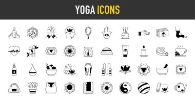 Yoga ve meditasyon vektör simgeleri ayarlandı. Rahatlama, iç huzur, kendini tanıma, iç konsantrasyon, ruhsal uygulama ve daha ikon resimleme gibi.