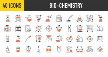 Biyokimya ikonu hazır. Örneğin bilim, tabak, moleküler, deney, fizik, botanik, laboratuvar, ceket, mikroskop, sertifika, kimyasal, hap, test, DNA, araştırma, analiz, atom vektör simgeleri resimleme