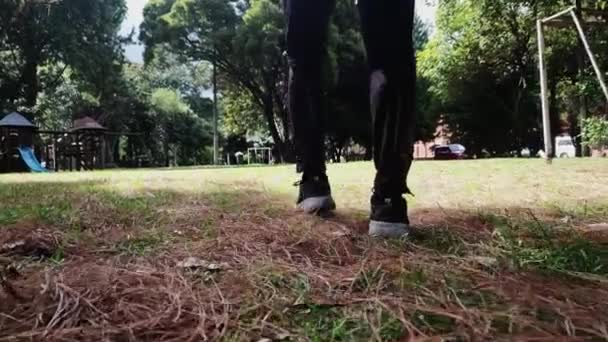 Feet Man Walking Forest Park City — Stock Video