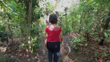 Yaşlı bir kadın güneşli bir günde bir köpekle ormanda yürüyor.