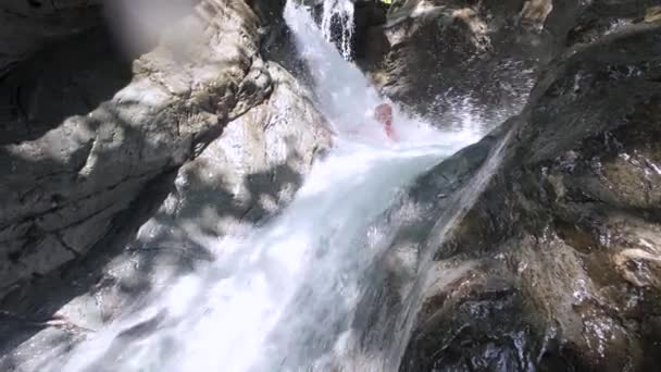 Senior Man Swimming Underwater Waterfall Forest Vacation — Stock Video