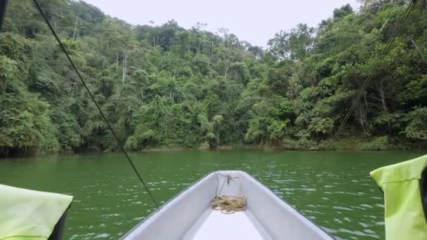 Barco Navegando Río Con Bosque Con Árboles Montañas Fondo Vacaciones — Vídeos de Stock