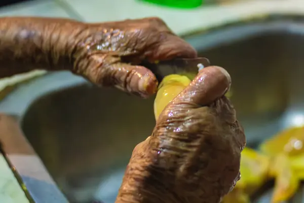 Hand Elderly Grandmother Woman Cutting Piece Chicken Kitchen Prepare Lunch Stock Picture
