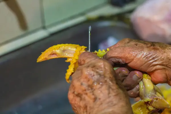 Hand Elderly Grandmother Woman Cutting Piece Chicken Kitchen Prepare Lunch Stock Image