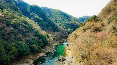 Canlı bir turkuaz nehri, yoğun yeşil ormanlarla çevrili engebeli, dağlık bir vadiden geçer..