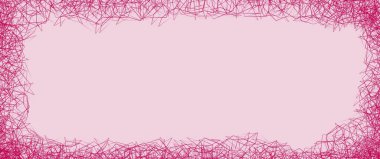 Karmaşık, koyu morumsu, birbirine karışmış tellere benzeyen soyut çizgilerden oluşan kaotik bir sınır tarafından çerçevelenmiş soluk pembe bir arkaplan..