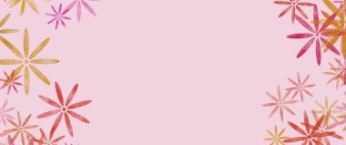 Soyut, saydam, kırmızı ve turuncu yıldız şekilli çiçeklerle süslenmiş neşeli, pembe bir arka plan kenarlara saçılmış, sıcak ve eğlenceli bir sınır oluşturuyor.