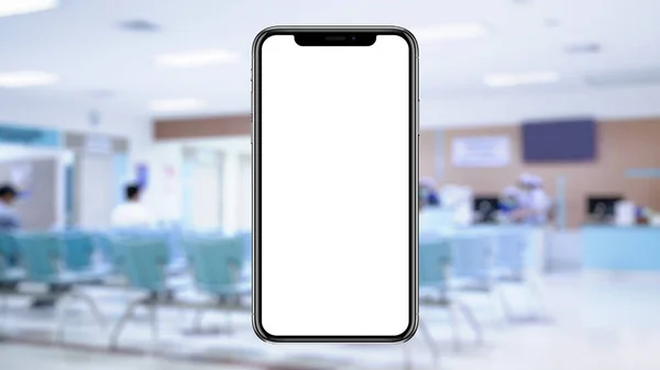 blurred hospital, cashier counter background image There is a phone mockup placed in the center for advertising. or promotion for hospital, clinic business, mocked up style